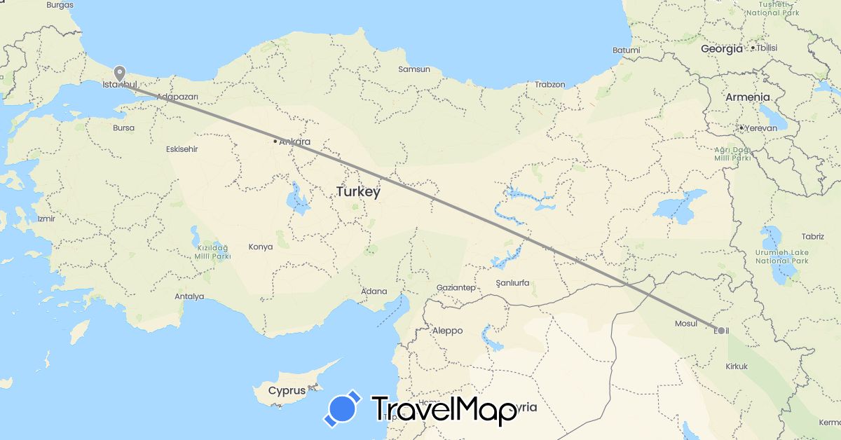 TravelMap itinerary: driving, plane in Iraq, Turkey (Asia)